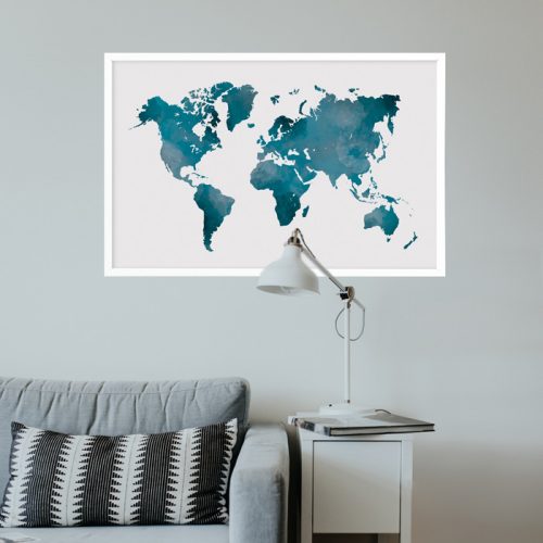 poster wereldkaart blauw