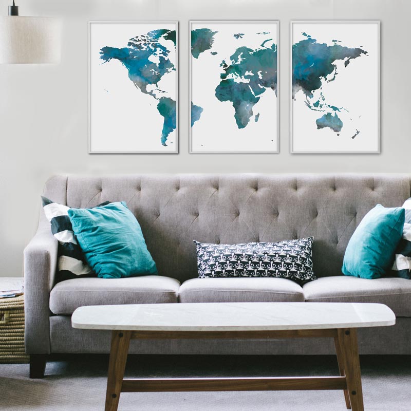 poster set wereldkaart blauw aquarel