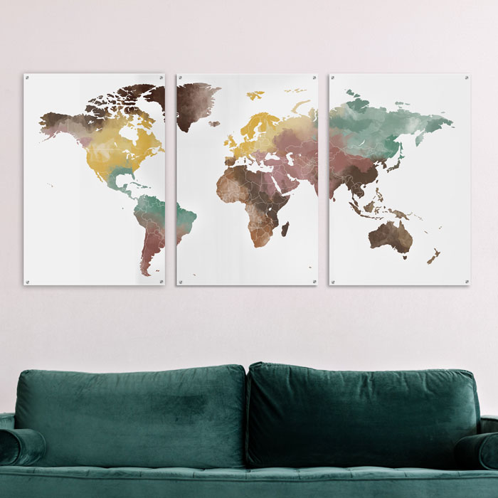 poster wereldkaart aquarel kleurrijk